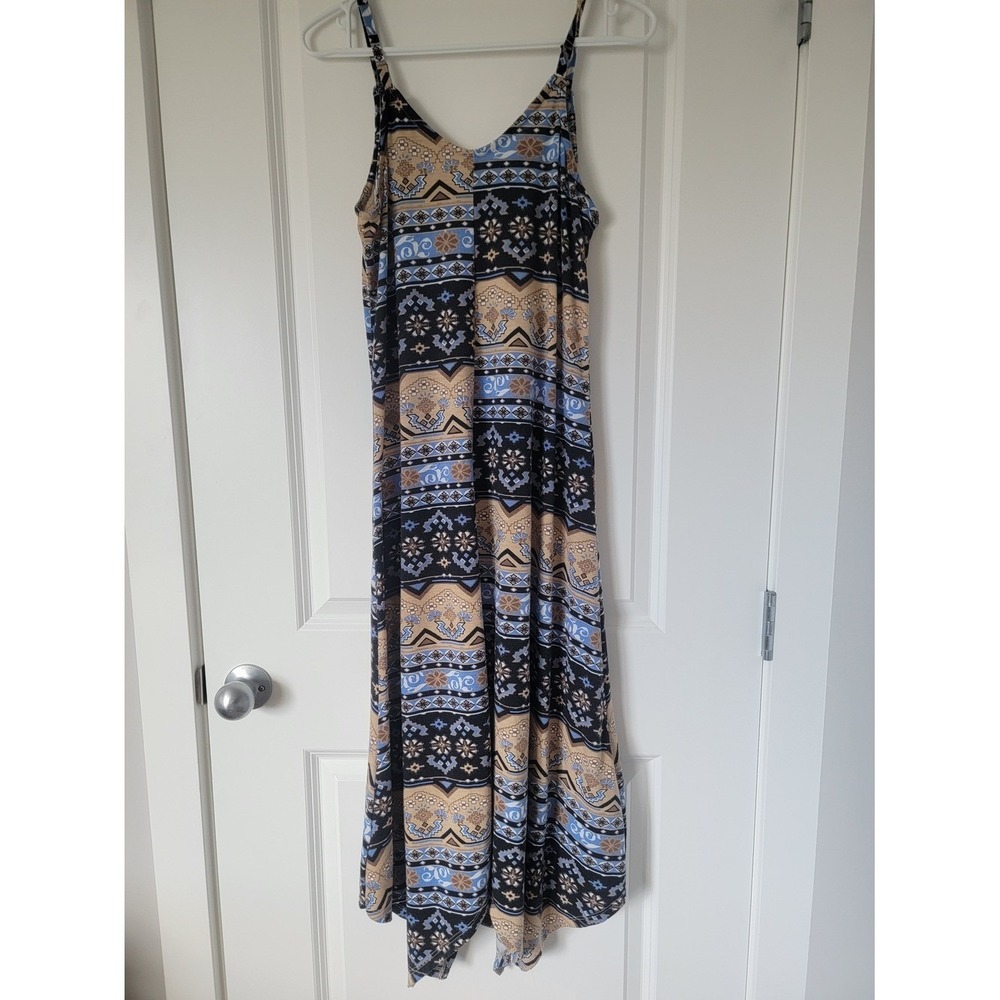 International INC Company Boho Patchwork Dress in Blue, Black & Tan